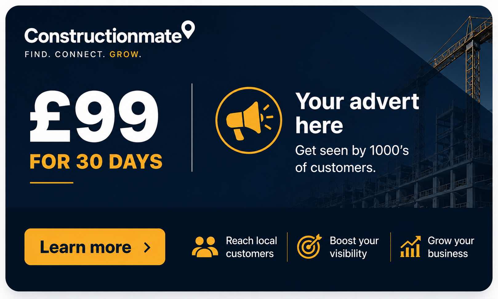 Advertise on ConstructionMate for £99 for 30 days